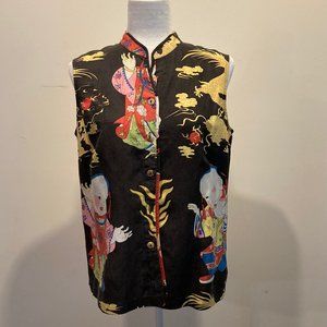 Citron Santa Moncia Asian Print Silk and Linen Sleeveless Top